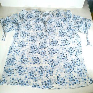 Liz Claiborne Sheer White Blue Floral Short Sleeve Top Size Large Polyester